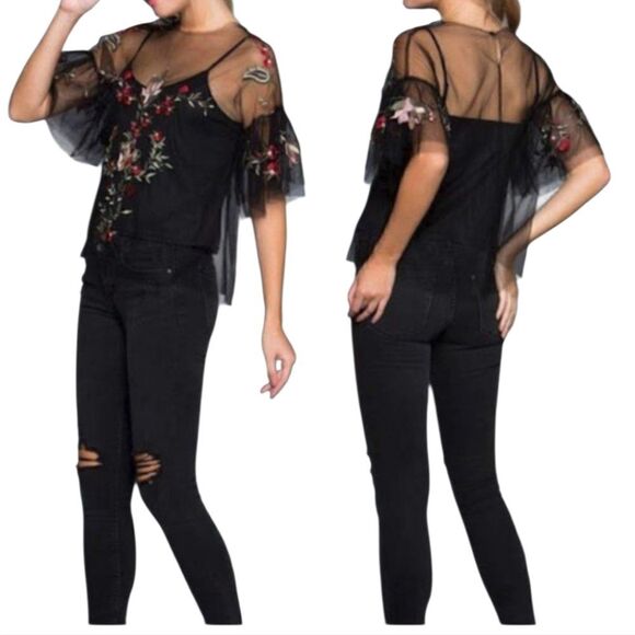 MISS LOVE Womens Embroidered Mesh Top Cami Removable Black Blouse Boho - Picture 1 of 6